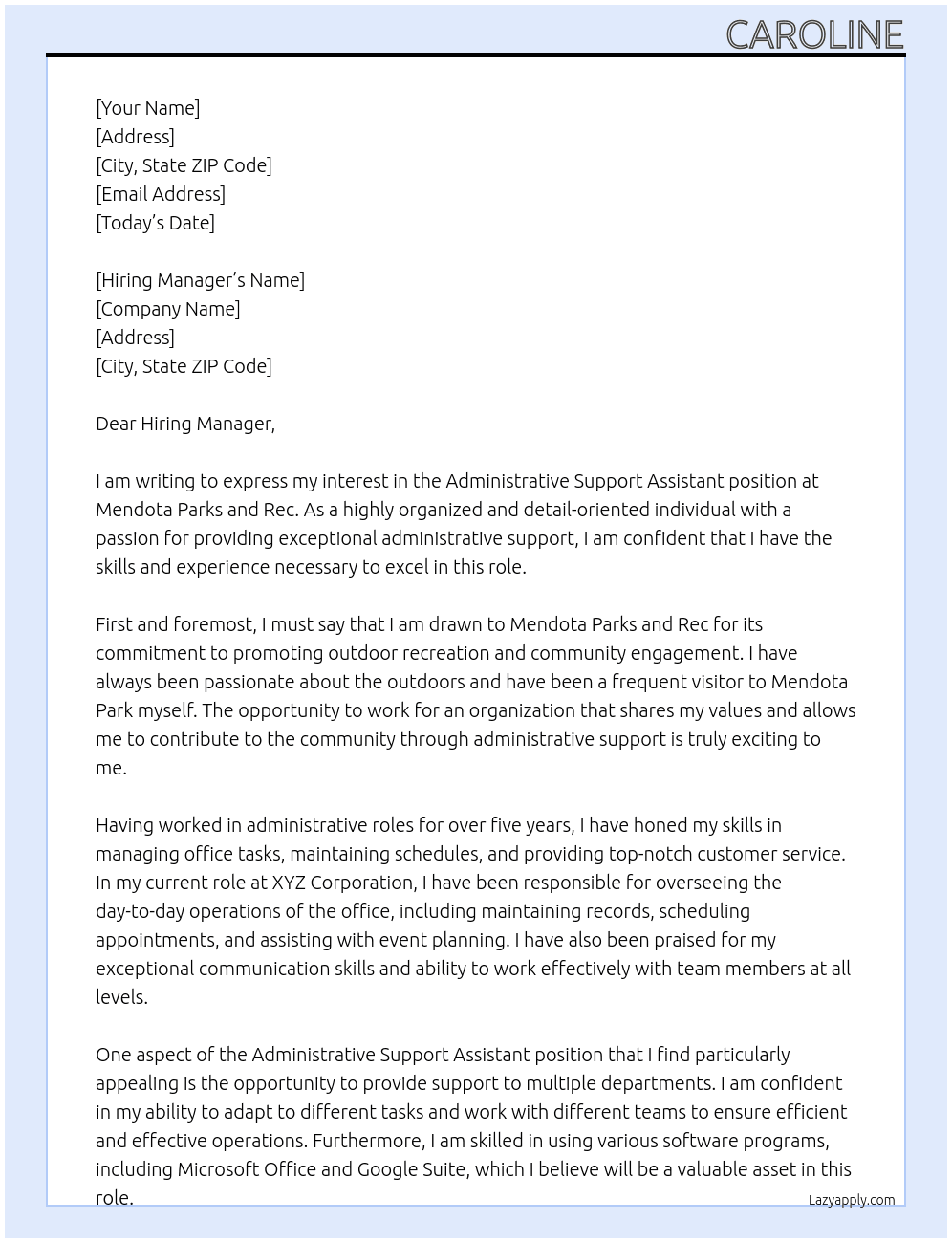 Administrative Support Assistant  At Mendota Parks and Rec Cover Letter