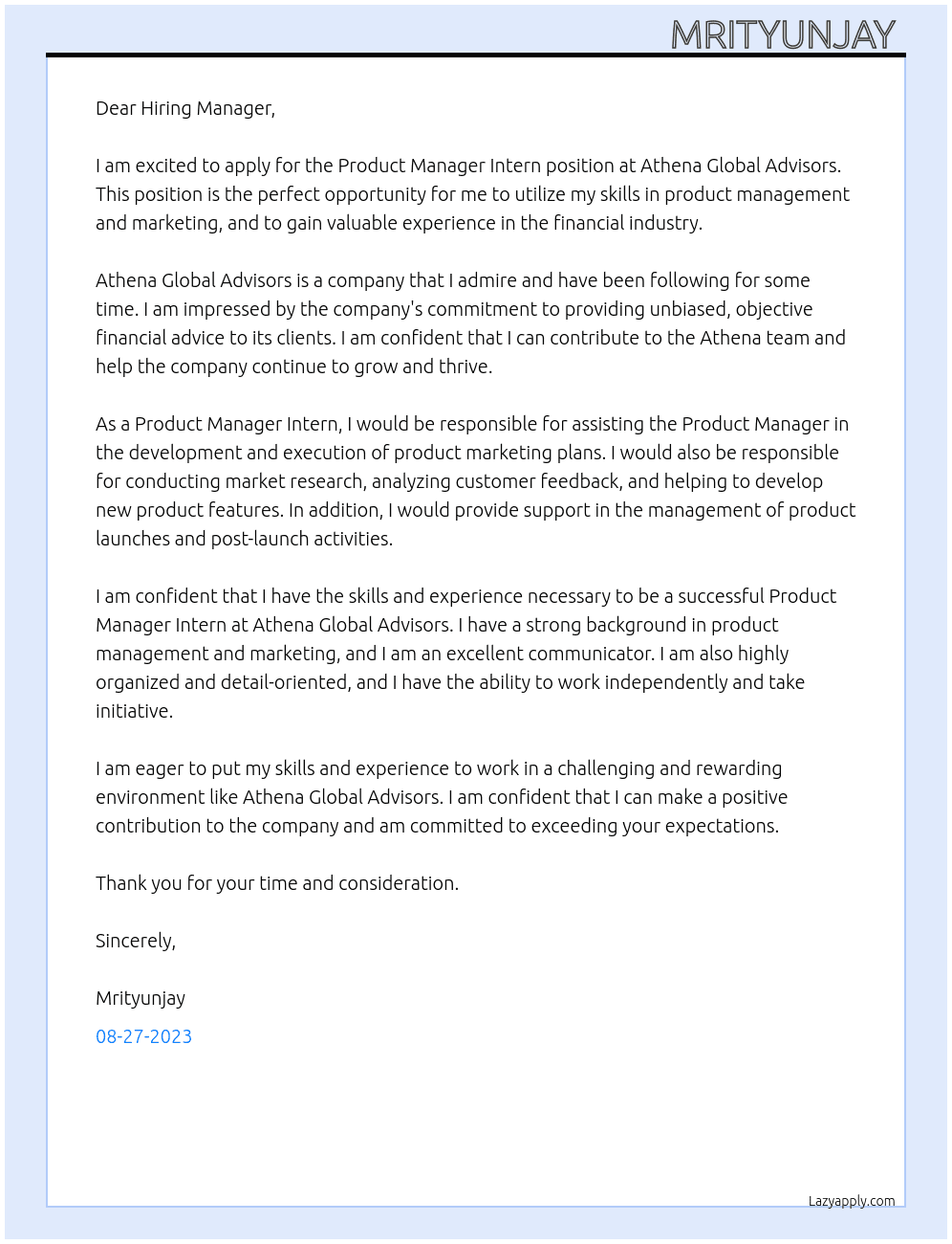 Product Manager Intern At Athena Global Advisors Cover Letter