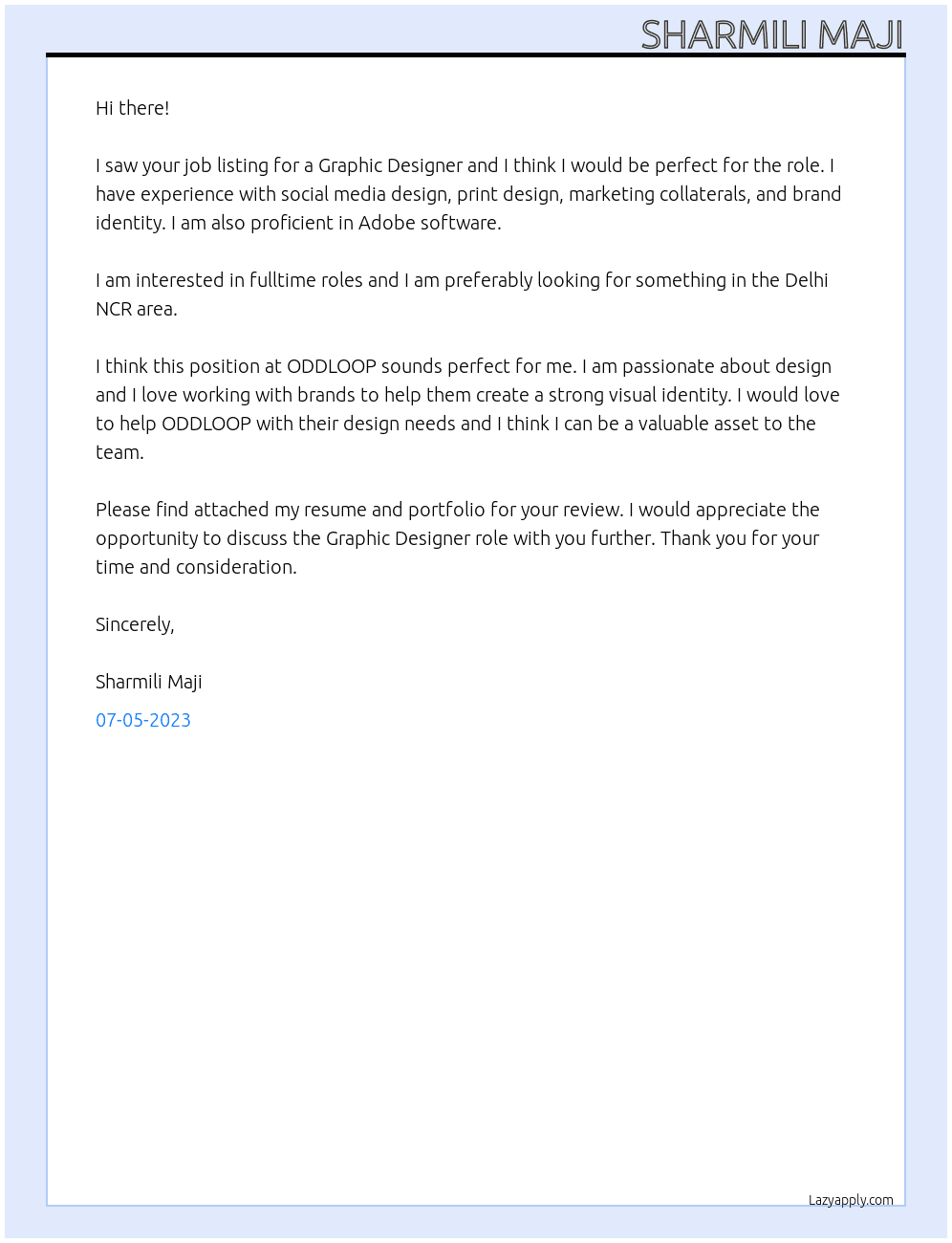 Graphic Designer At ODDLOOP Cover Letter