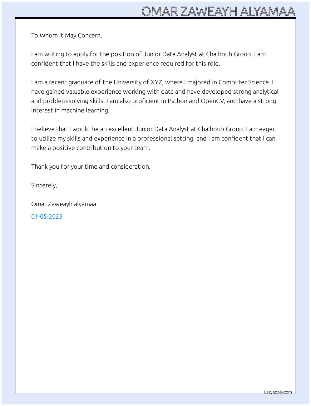 Junior Data analyst At Chalhoub Cover Letter