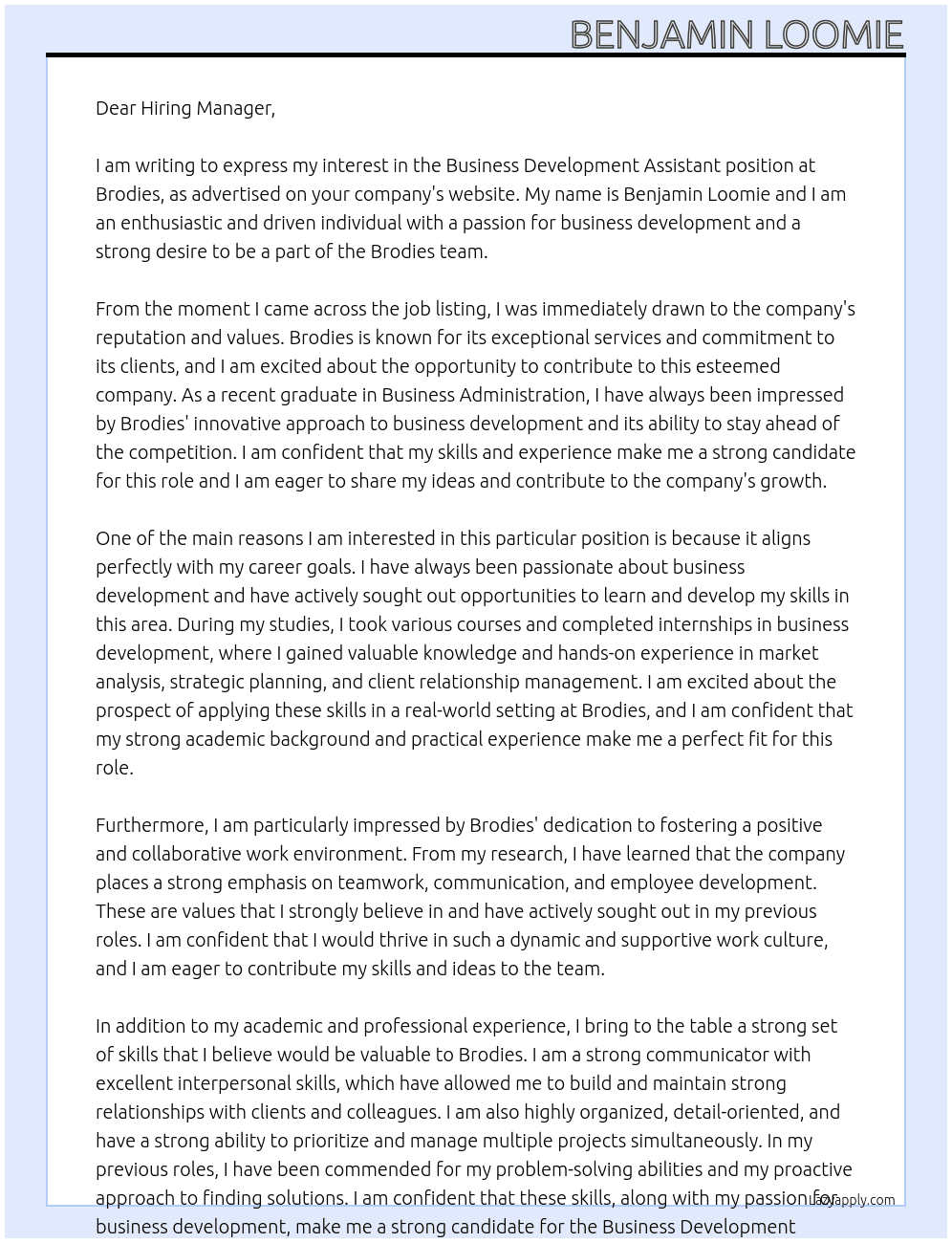 Business Development Assistant At Brodies Cover Letter