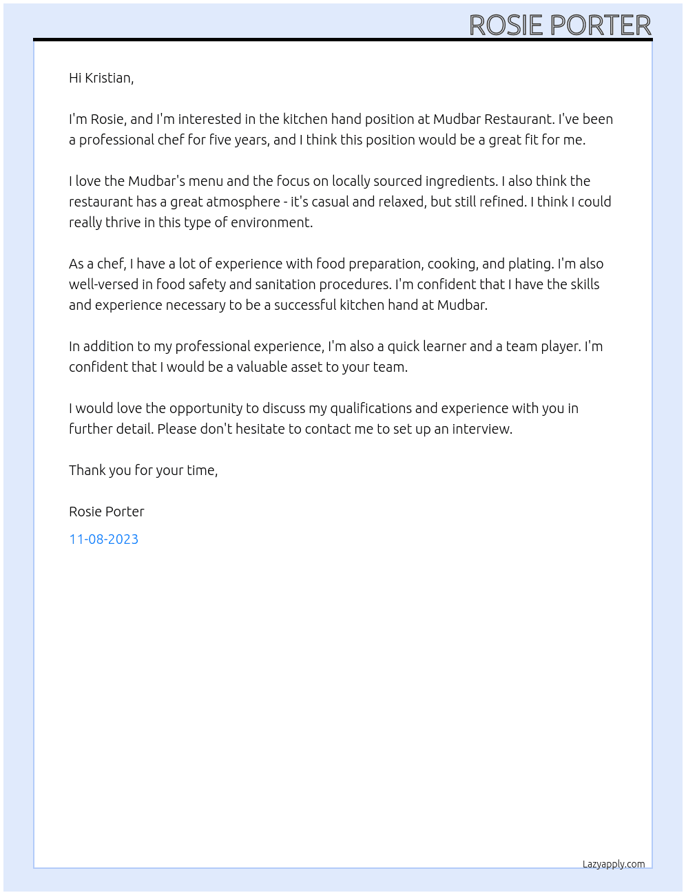 Kitchen hand At Mudbar Restaurant  Cover Letter