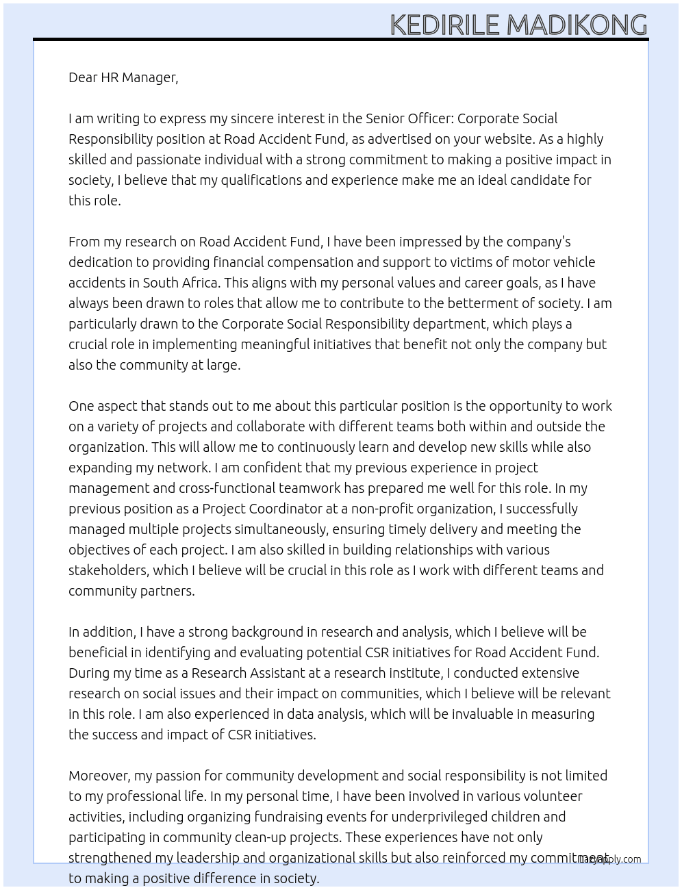 Cover letter for senior officer: corporate social responsibilty - LazyApply