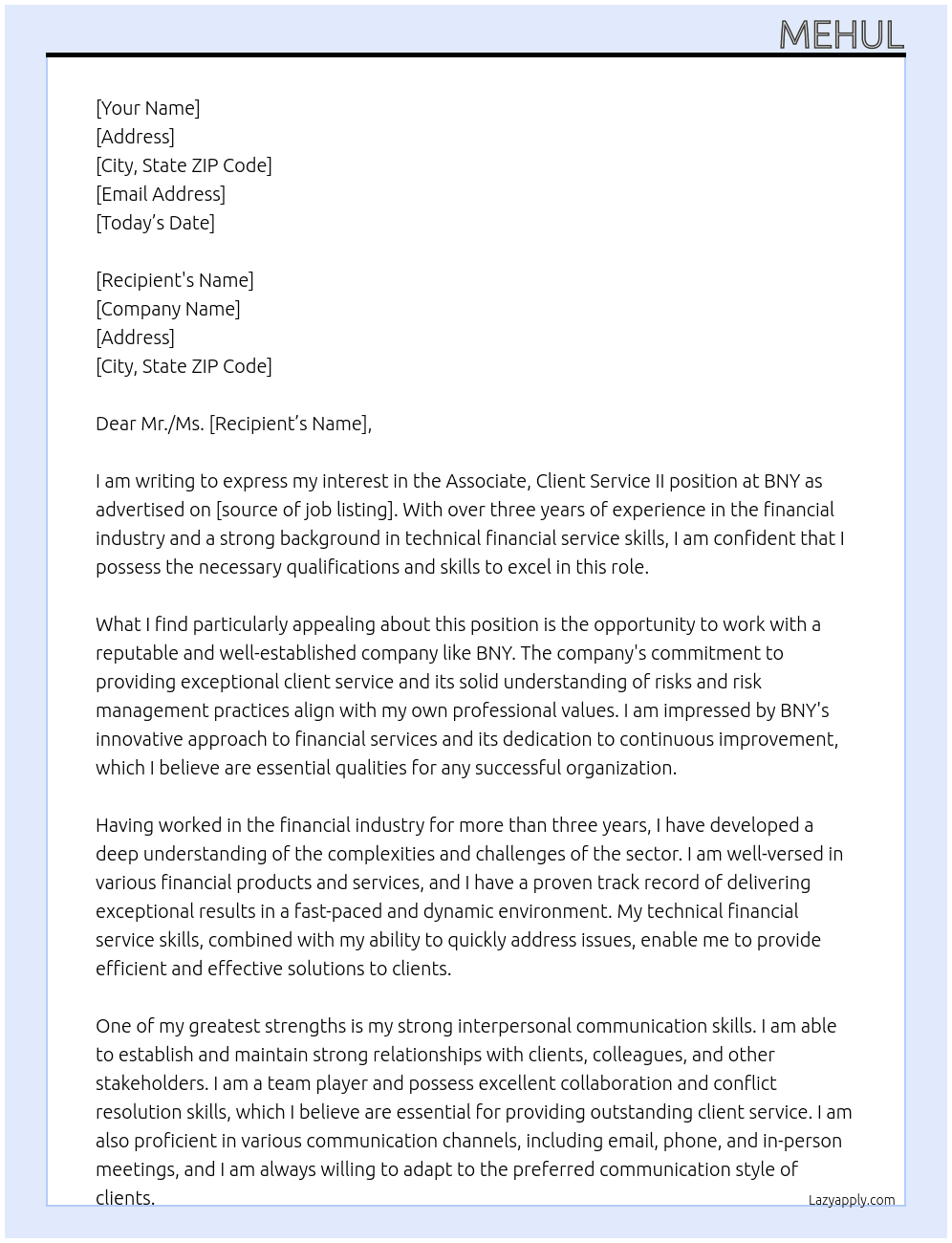 Associate, Client Service II At BNY Cover Letter