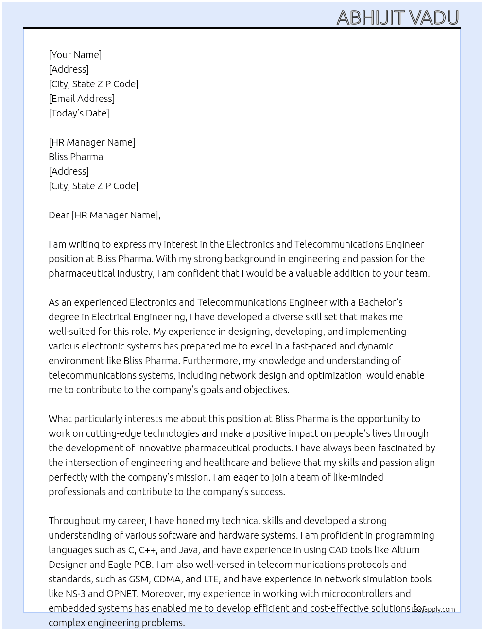 Electronics and Telecommunications Engineer At Bliss pharma Cover Letter