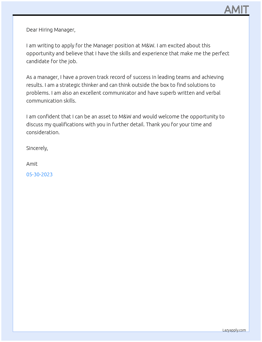 Manager At M&w Cover Letter