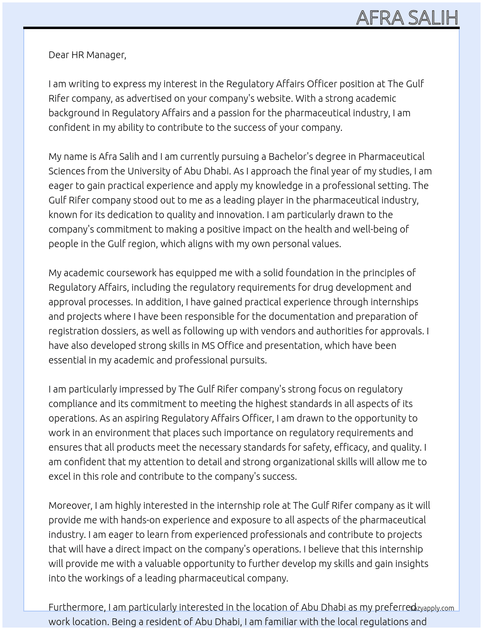 Regulatory Affairs Officer  At The Gulf Rifer company  Cover Letter
