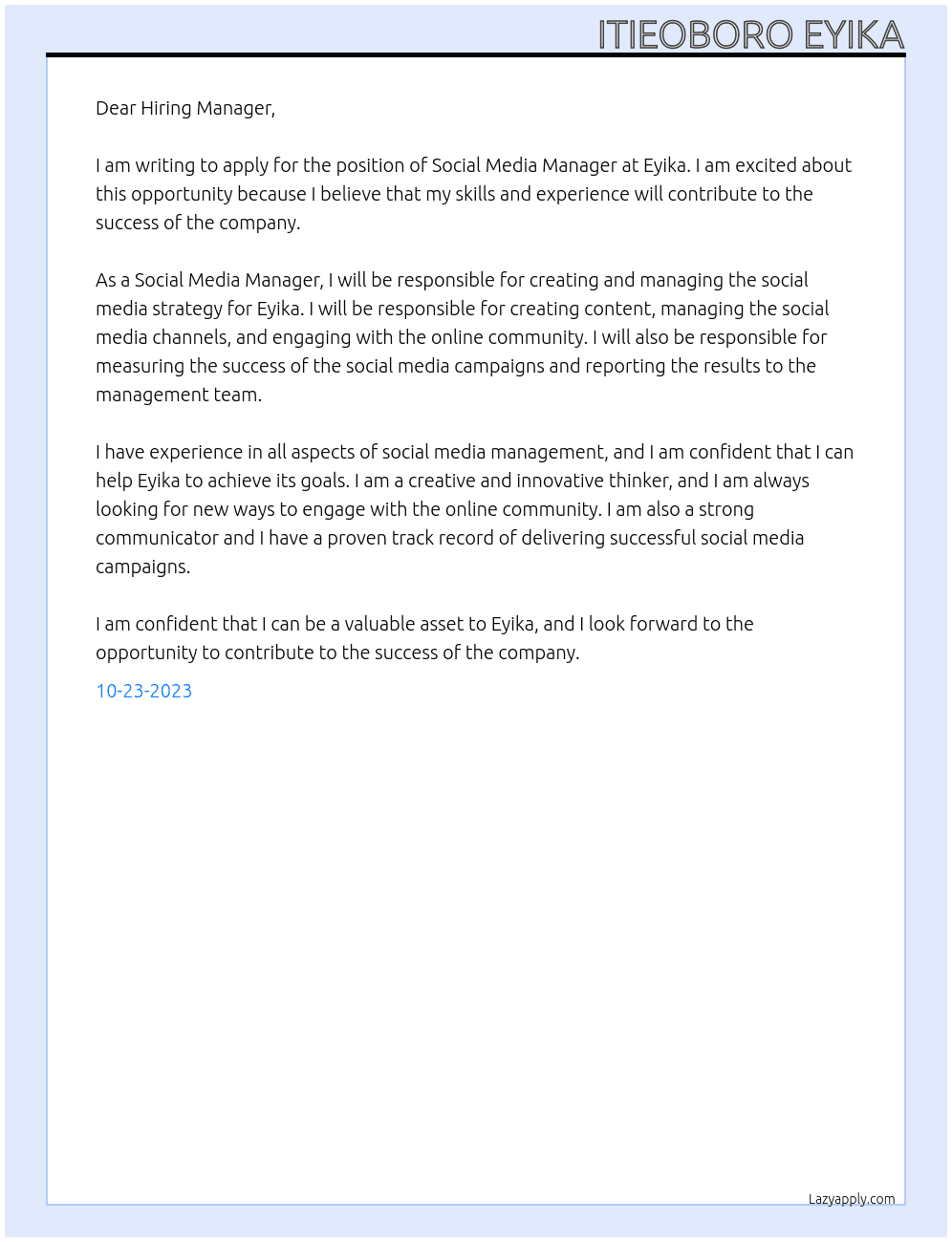 Social media manager  At Eyika Cover Letter
