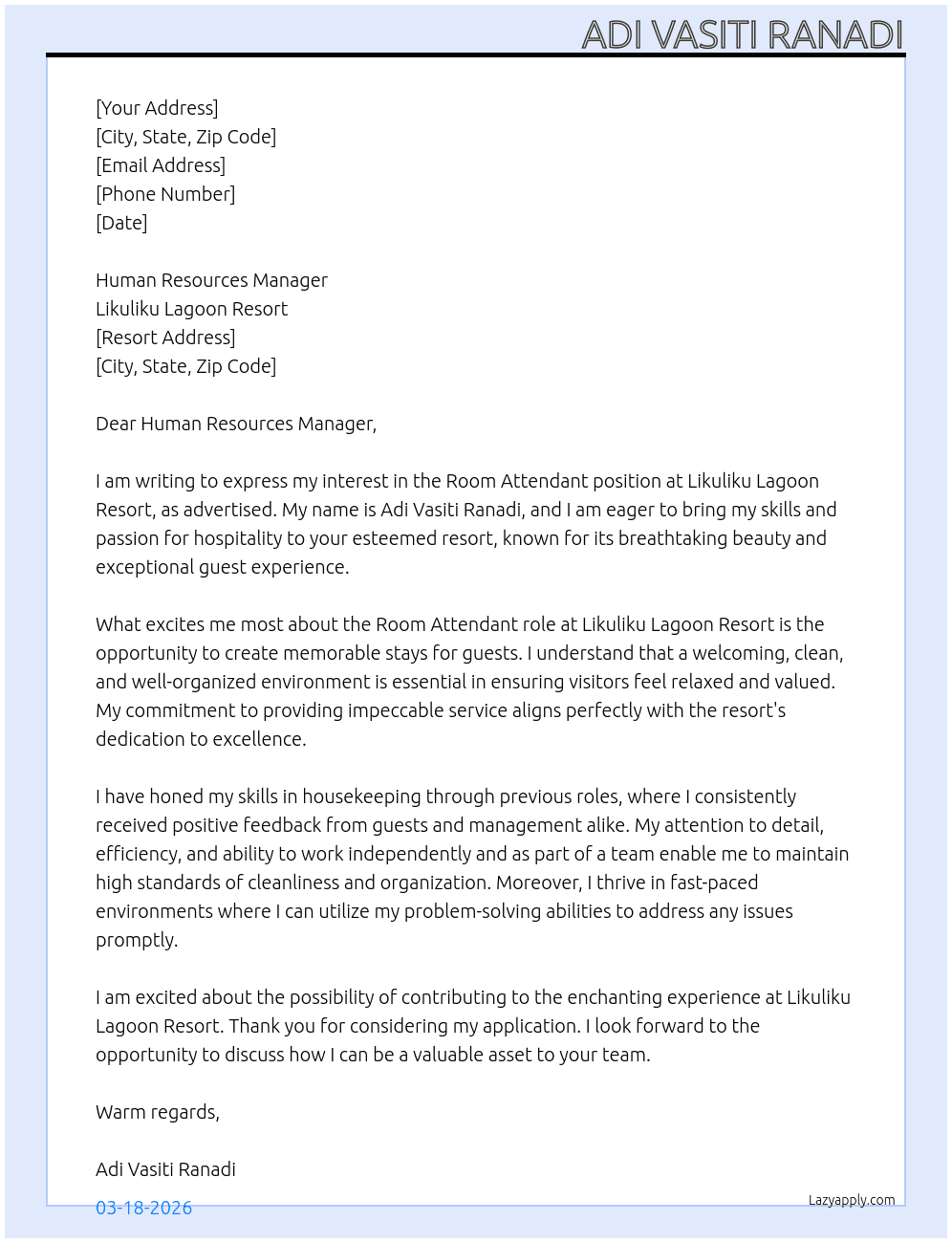 Room Attendant  At Likuliku Lagoon Resort  Cover Letter
