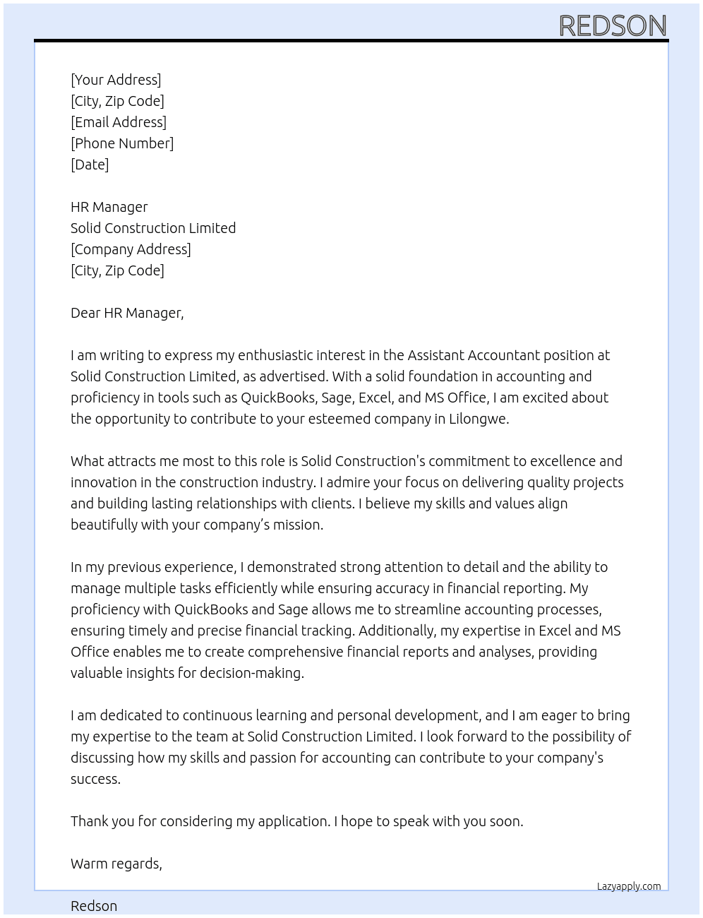 Assistant Accountant At Solid Construction Limited Cover Letter