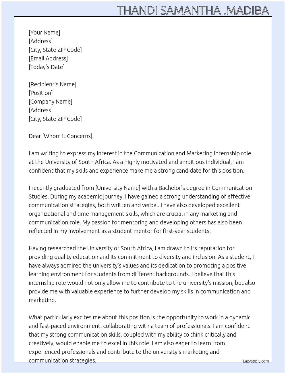 Communication and .marketing  At University of South Africa Cover Letter