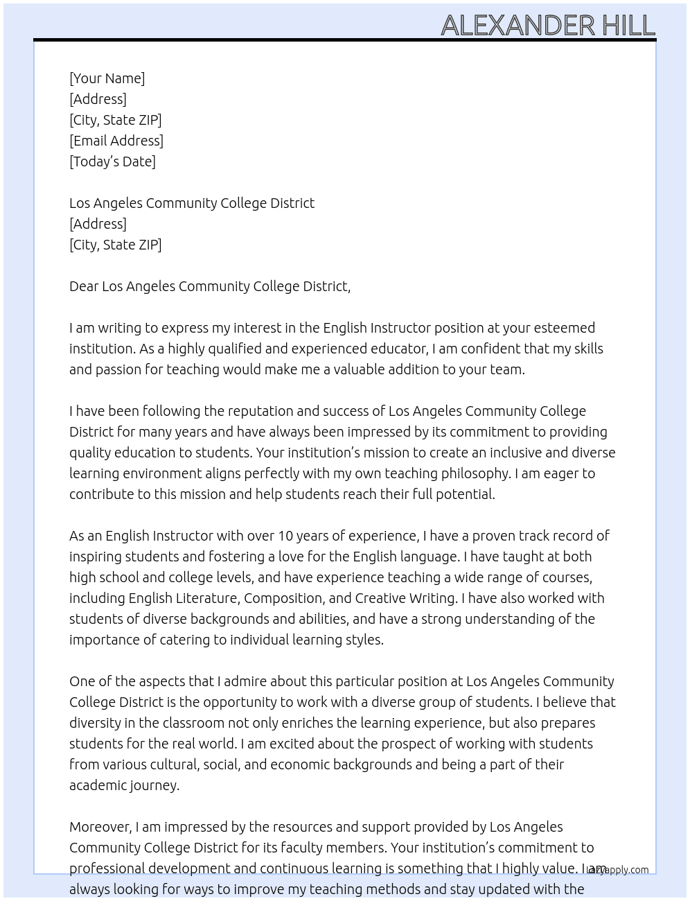 English Instructor  At Los Angeles Community College District Cover Letter