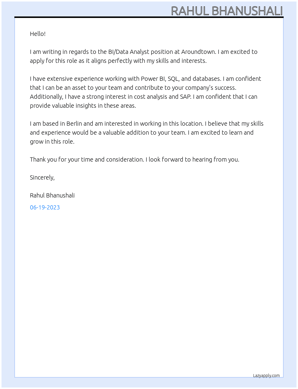 BI/Data Analyst At Aroundtown Cover Letter