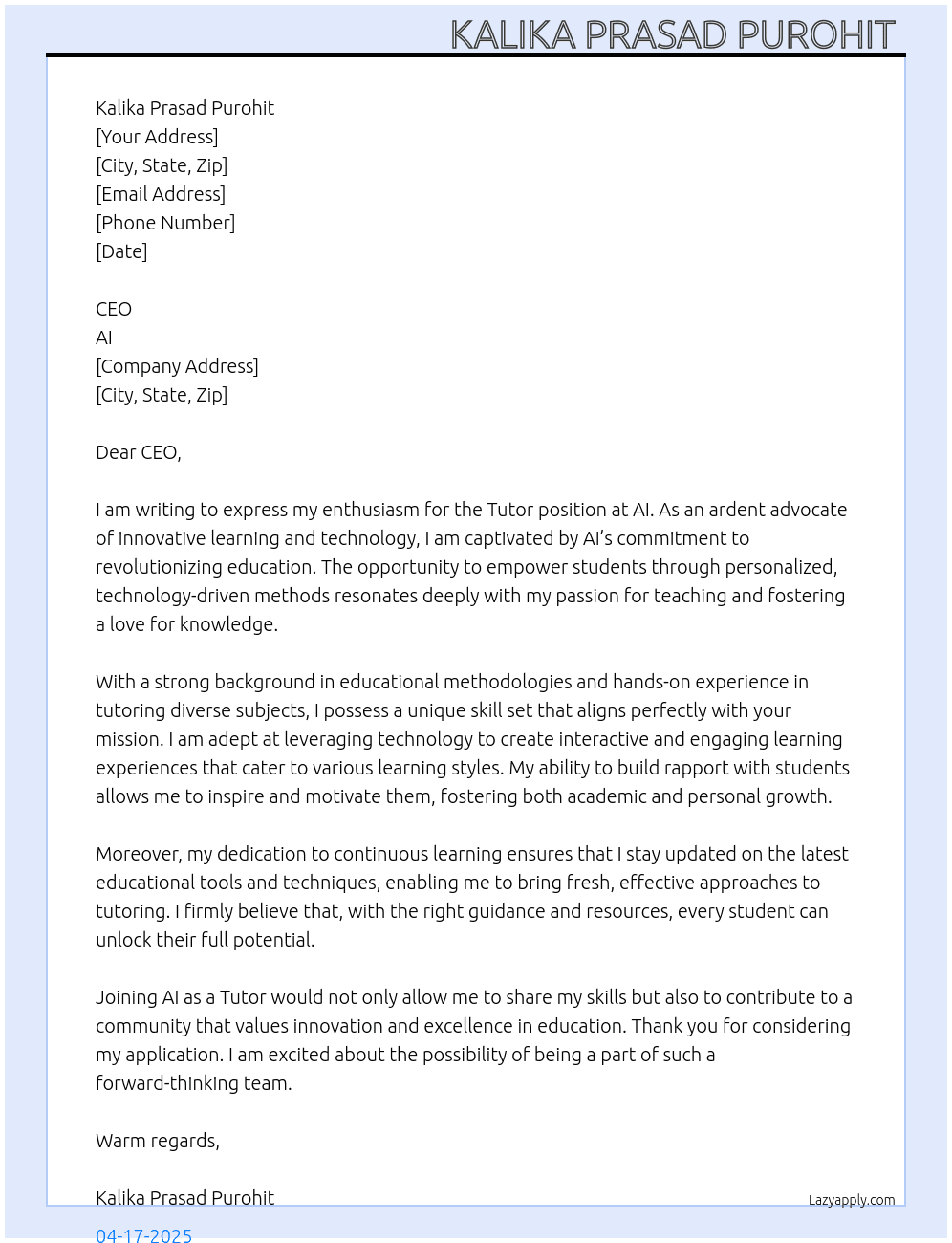 Tutor  At AI Cover Letter