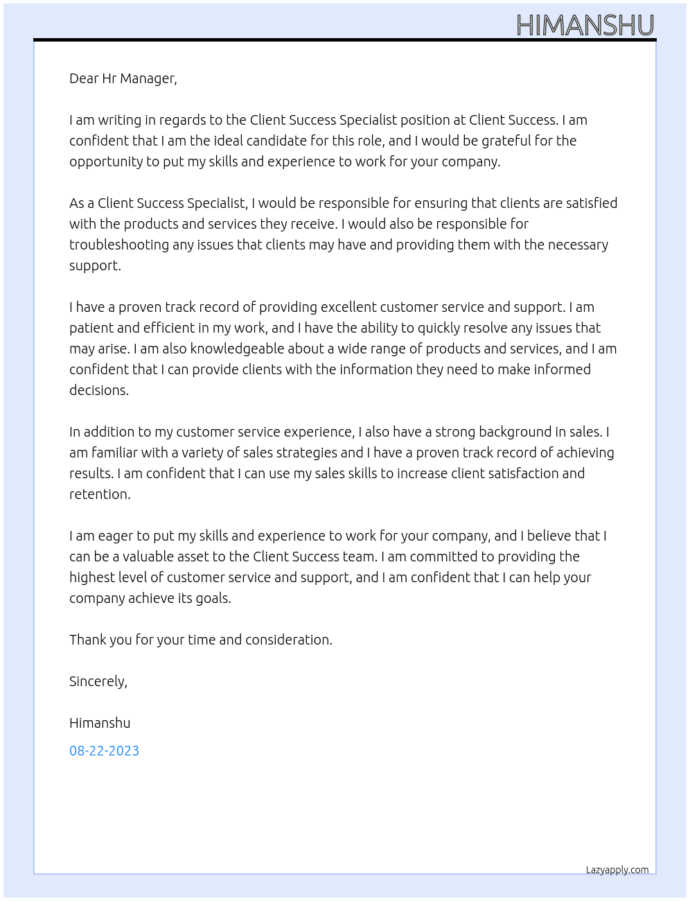 Client Success Specialist At Client Success Cover Letter