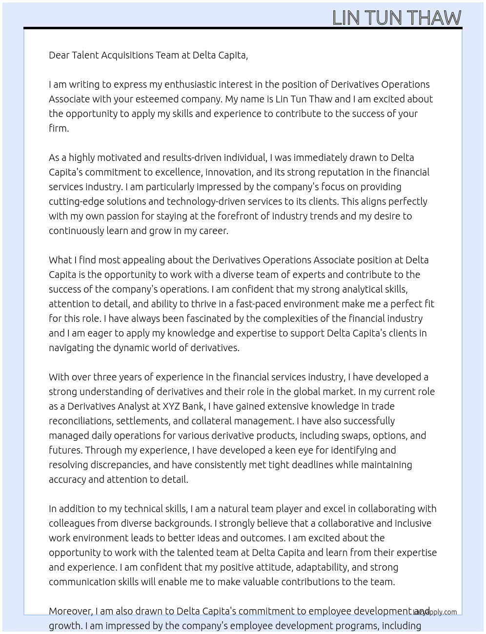 Derivatives Operations Associate At Delta Capita Cover Letter