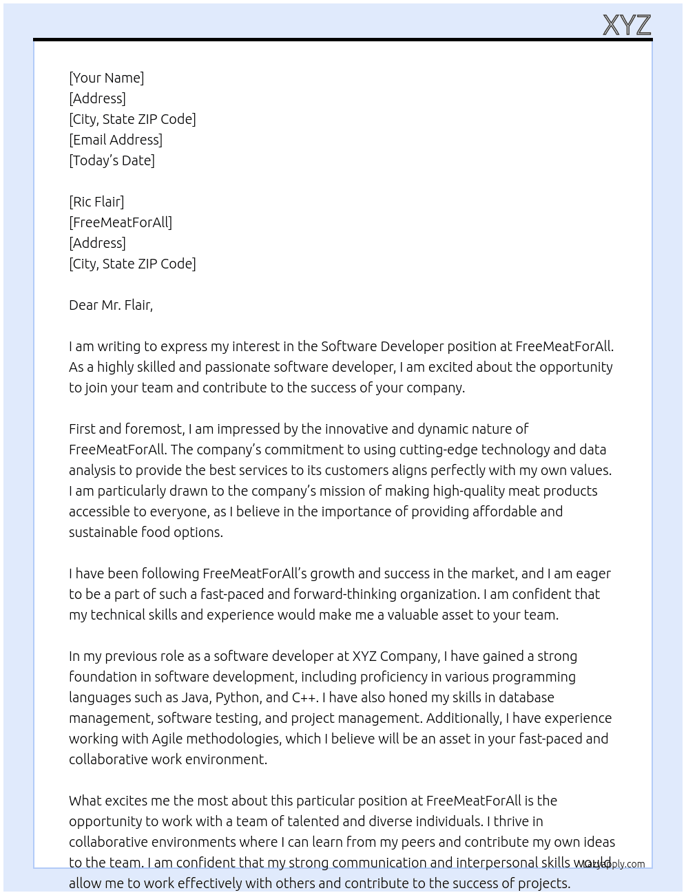 Software developer At FreeMeatForAll Cover Letter