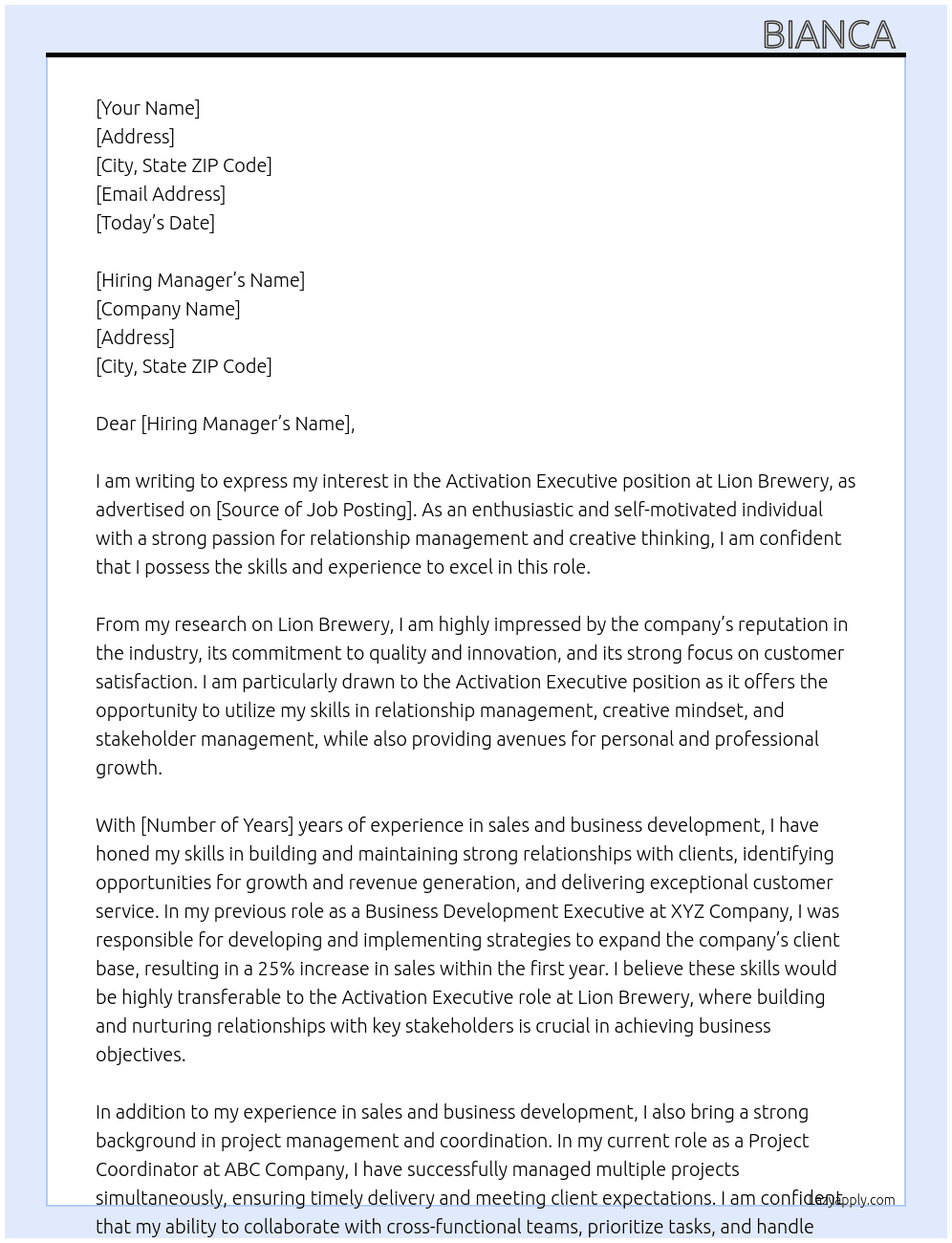 Activation Executive At Lion Brewery  Cover Letter