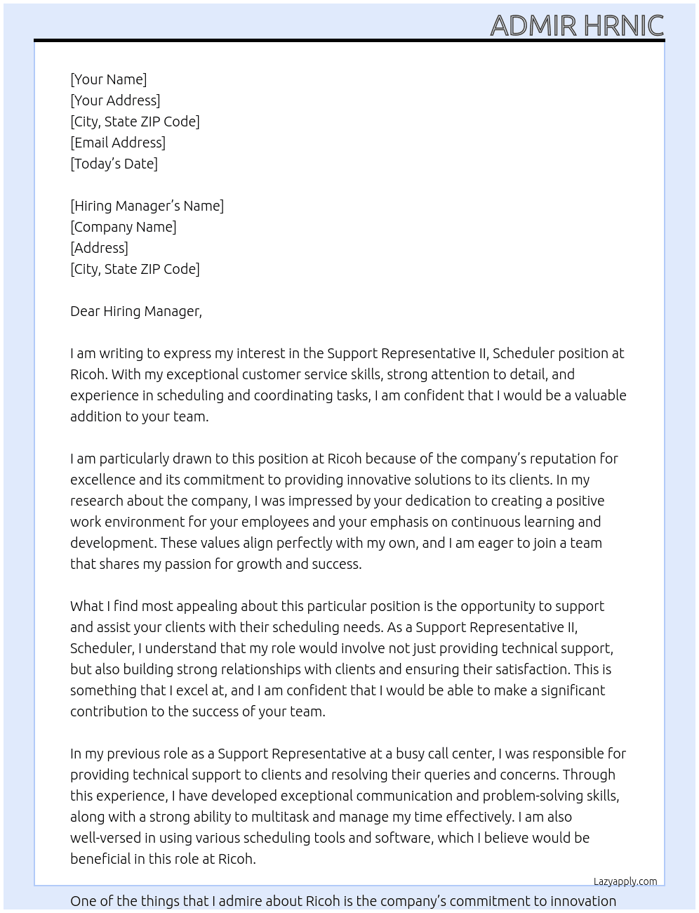 Support Representative II, Scheduler At Ricoh Cover Letter