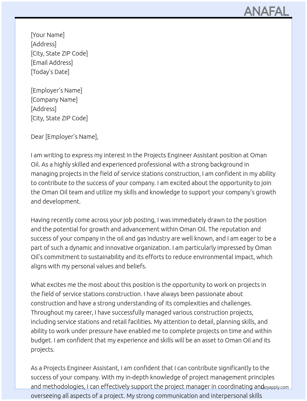 Projects Engineer Assistant At Oman Oil  Cover Letter