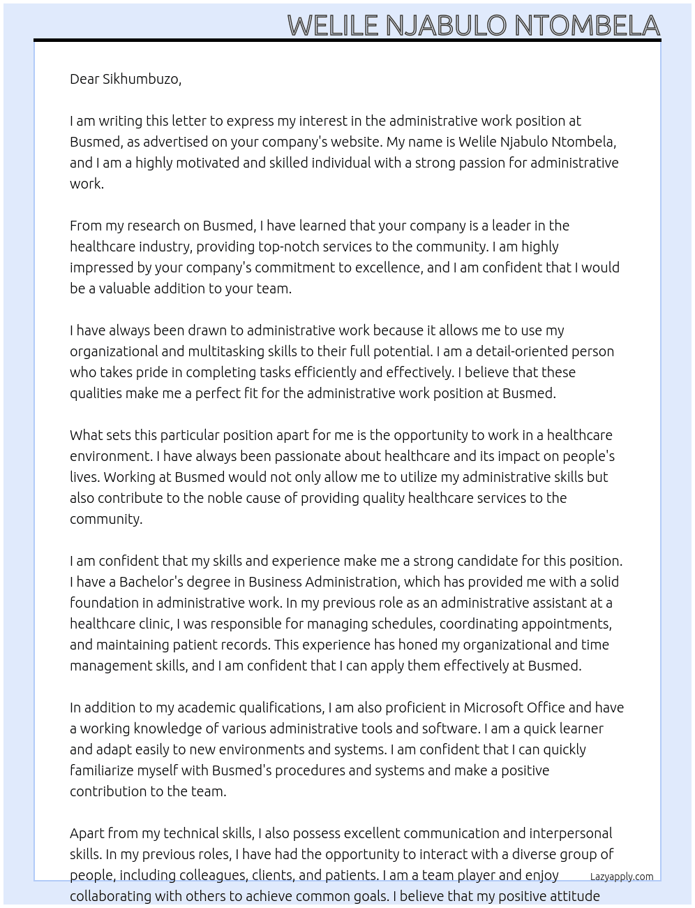administrative work At busmed Cover Letter