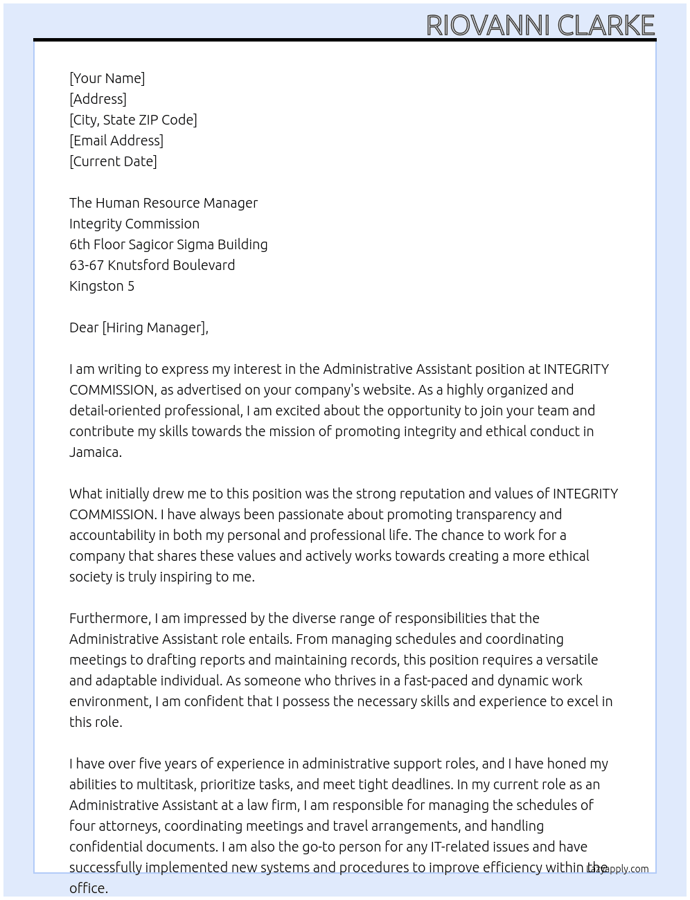 Administrative Assistant At INTEGRITY COMMISSION Cover Letter