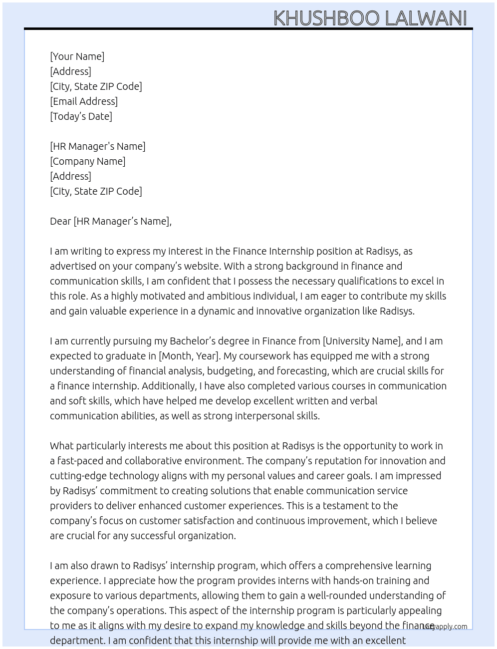 Finance internship  At Radisys  Cover Letter