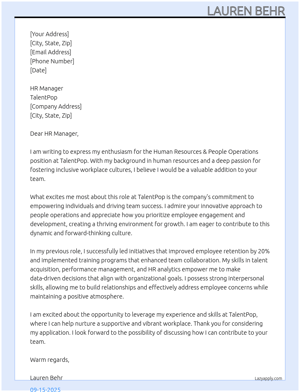 Human Resources & People Operations At talentpop Cover Letter