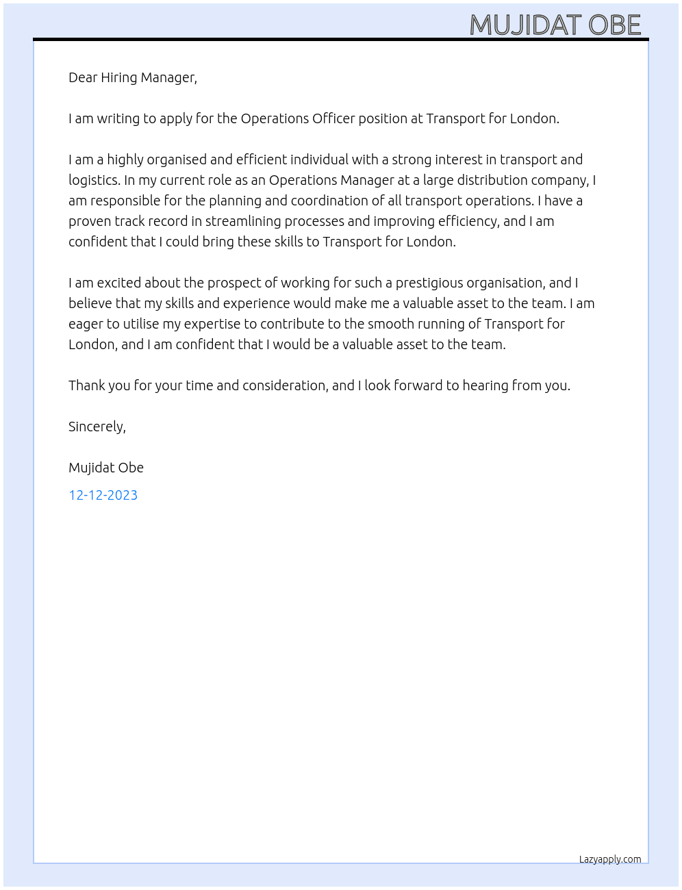 Operations officer  At Transport of London Cover Letter