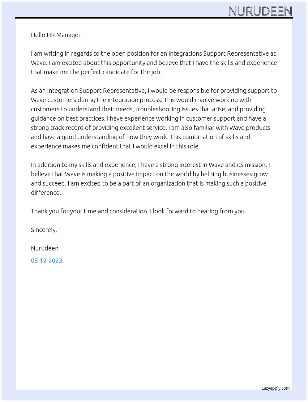 Integrations Support Representative At Wave Cover Letter