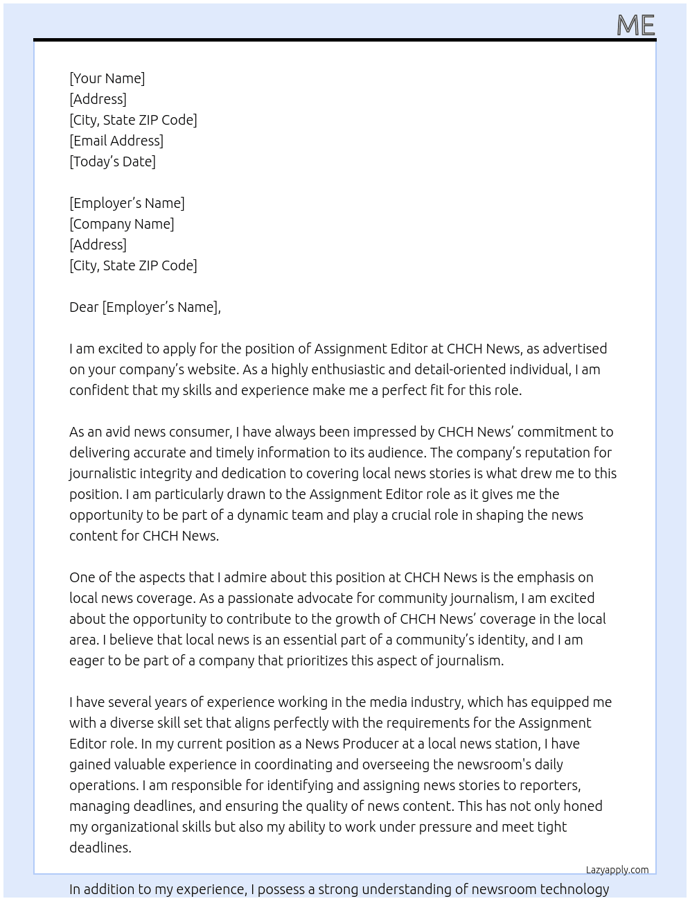 Assignment Editor At CHCH News Cover Letter