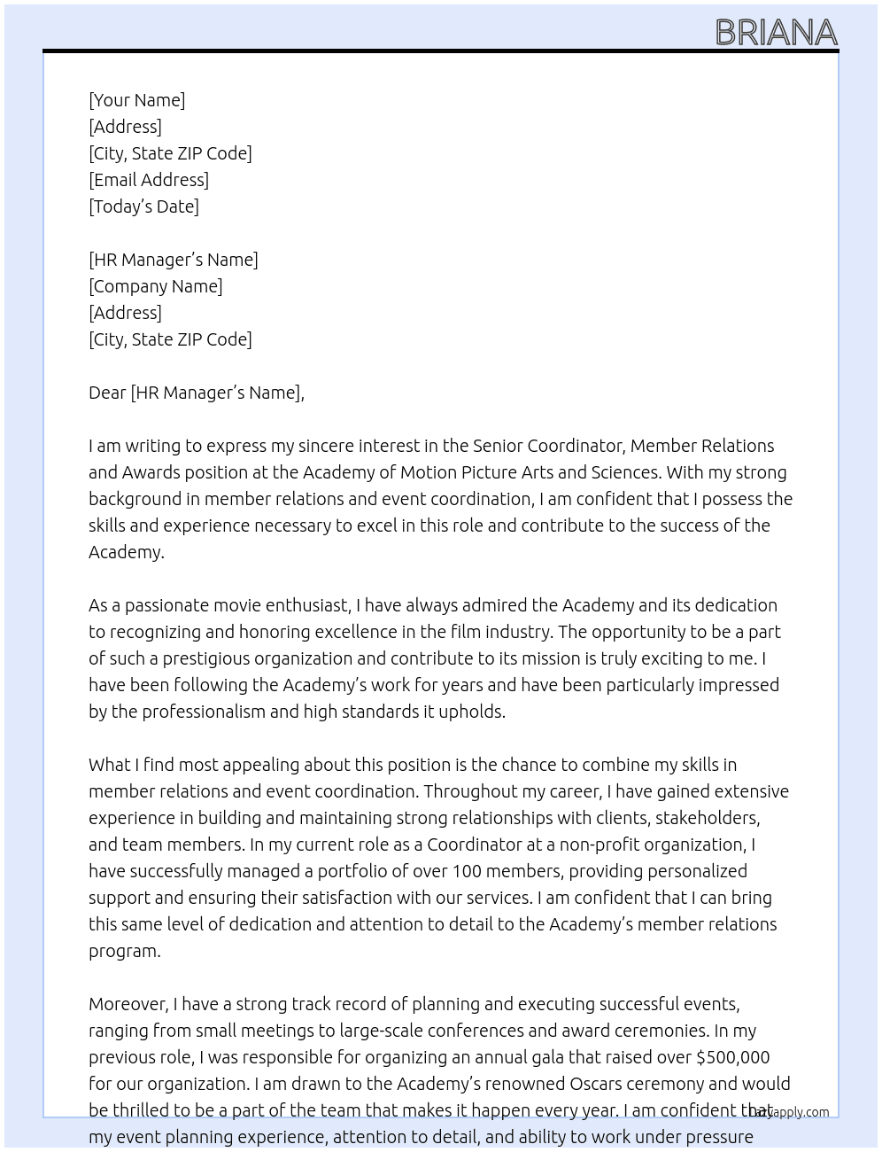 Senior Coordinator, Member Relations and Awards, At Academy of Motion Picture Arts and Sciences Cover Letter