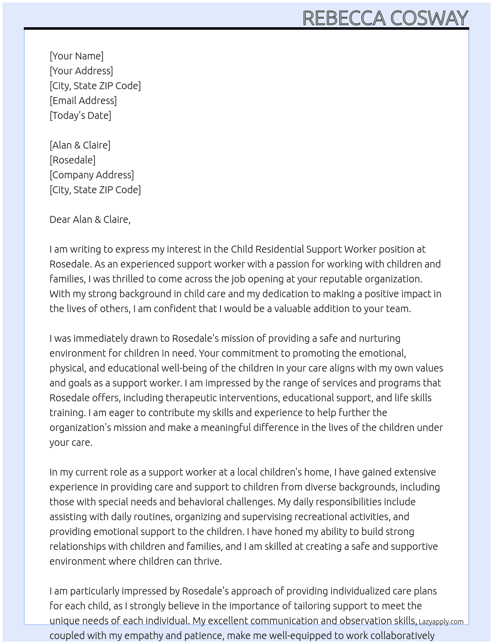 Child Residential support worker At Rosedale Cover Letter