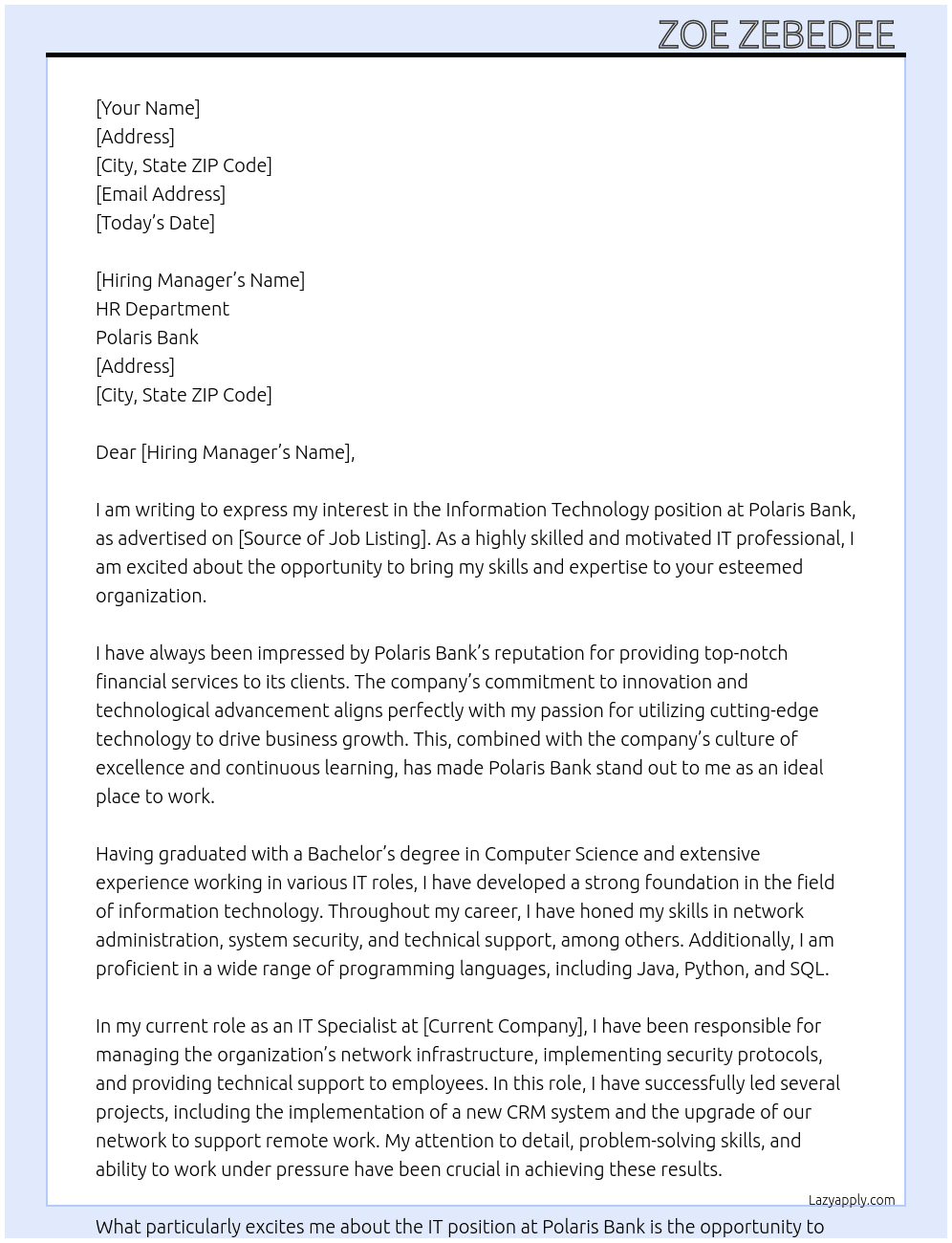 Information technology  At Polaris Bank  Cover Letter