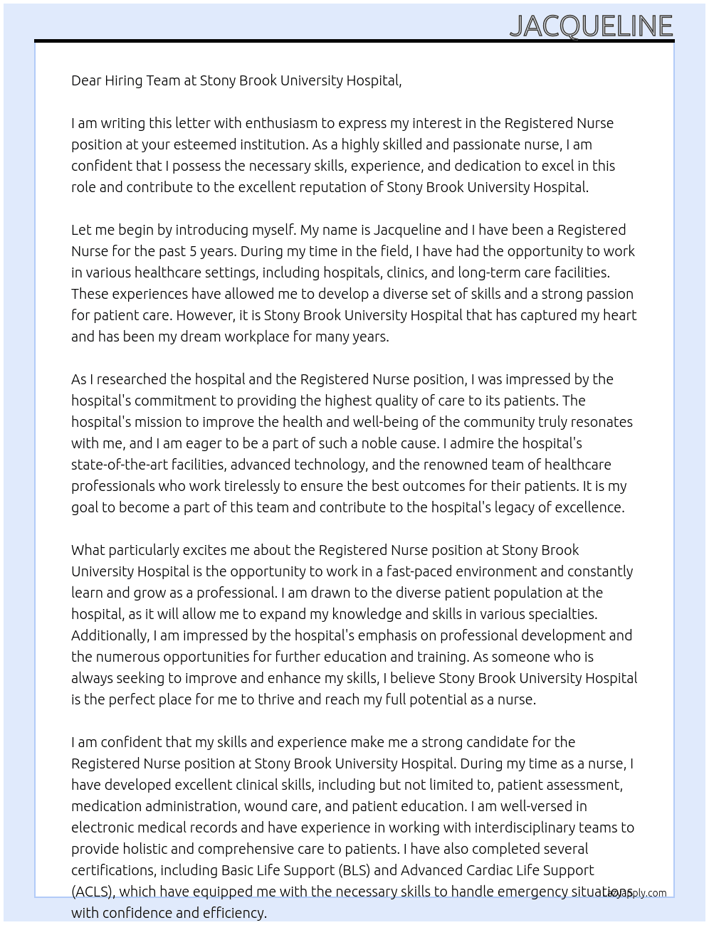 Registered Nurse At Stony Brook University Hospital Cover Letter