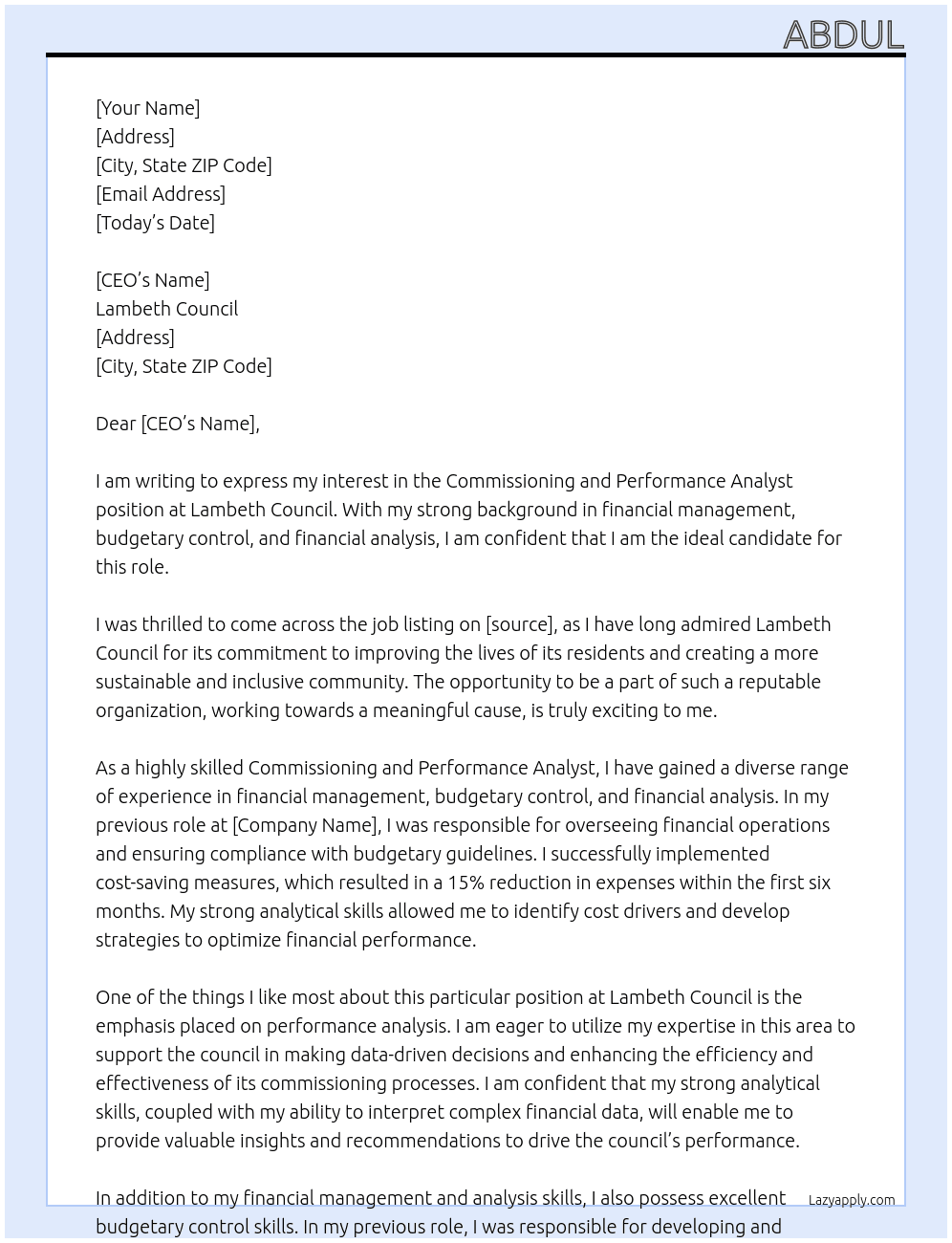 Commissioning and Performance  Analyst At Lambeth Council Cover Letter