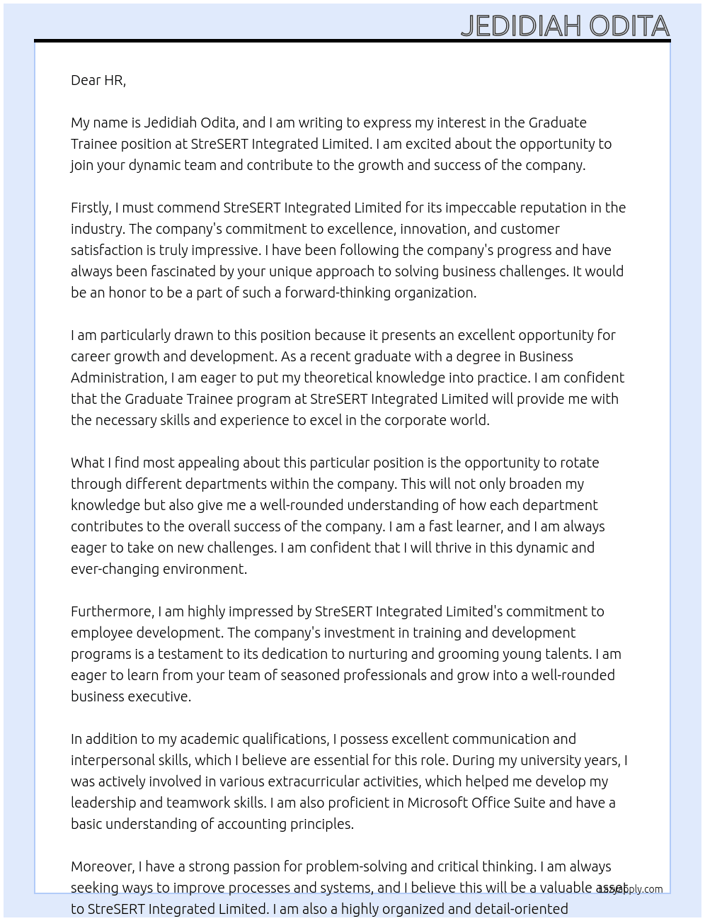 Graduate Trainee At StreSERT Integrated Limited Cover Letter