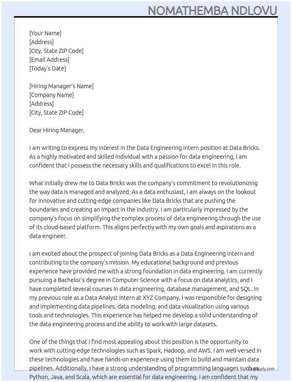 Data Engineering Intern At Data Bricks  Cover Letter