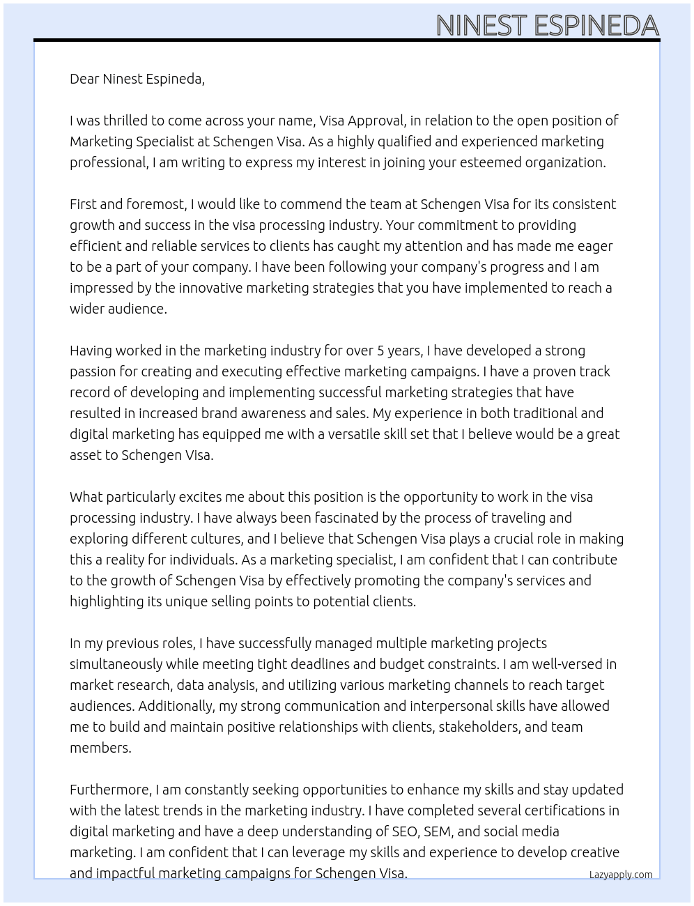 Marketing Specialist At Schengen Visa Cover Letter