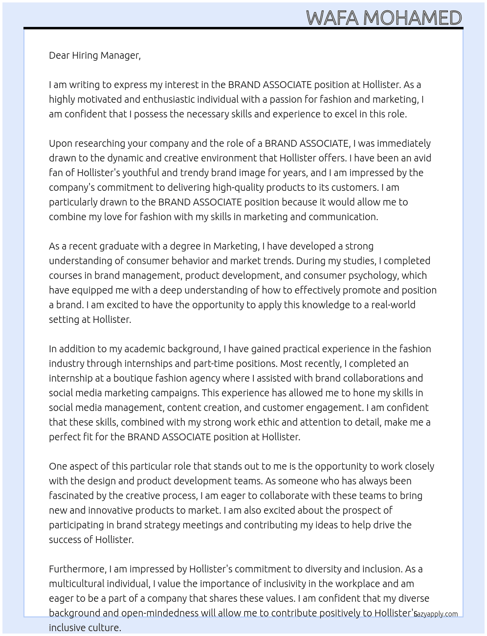 BRAND ASSOCIATE At Hollister Cover Letter