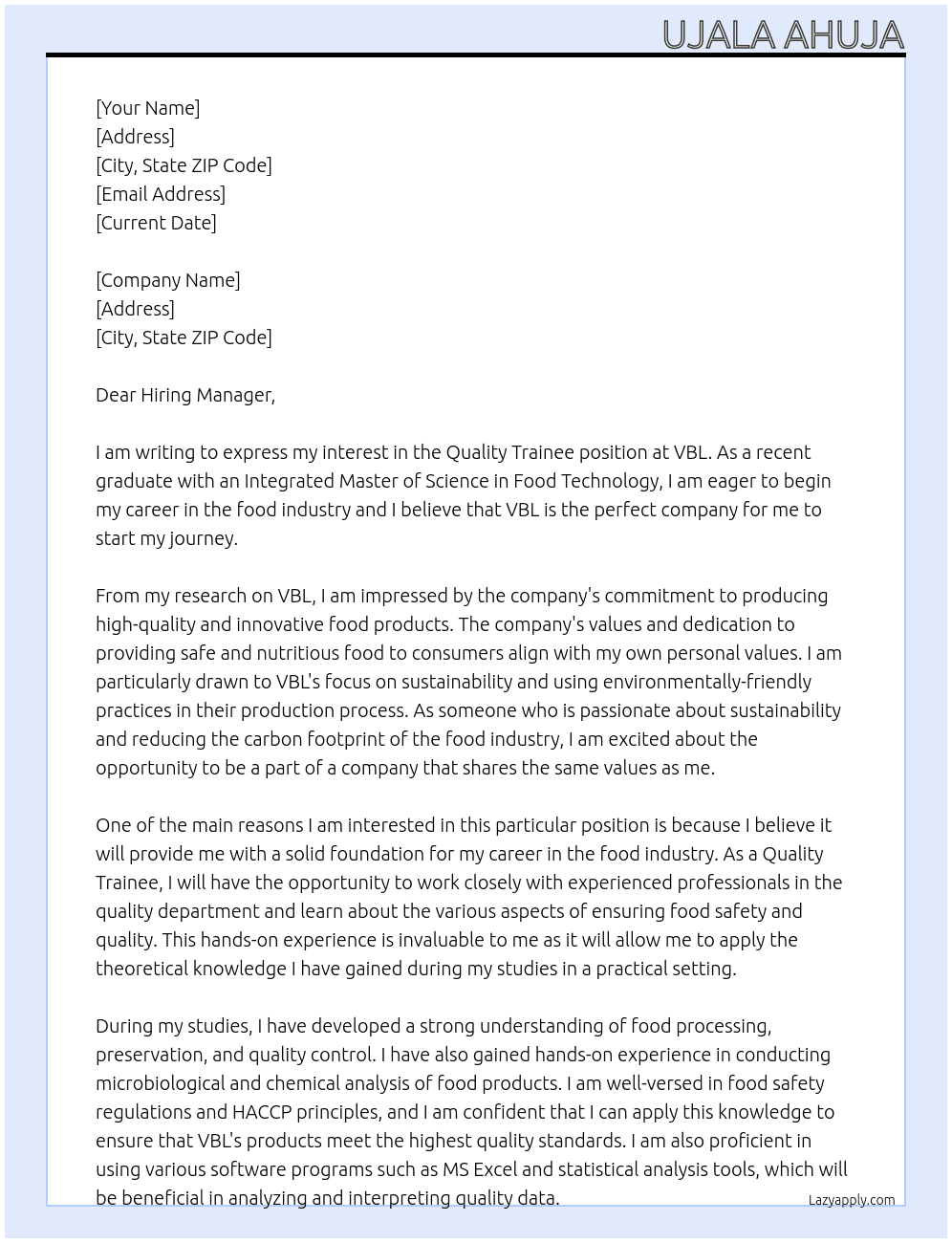 Quality Trainee At VBL Cover Letter
