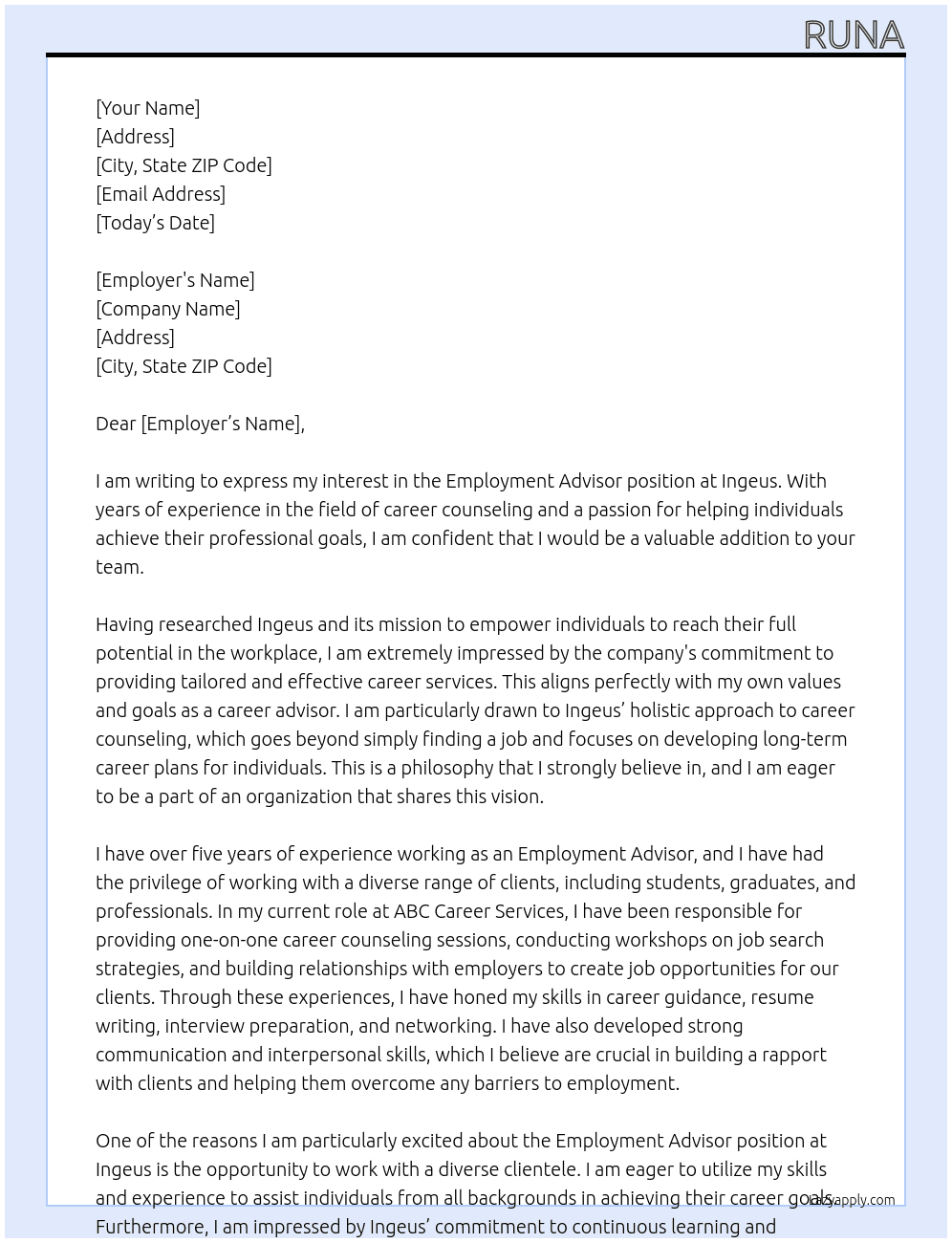 Employment advisor At Ingeus Cover Letter