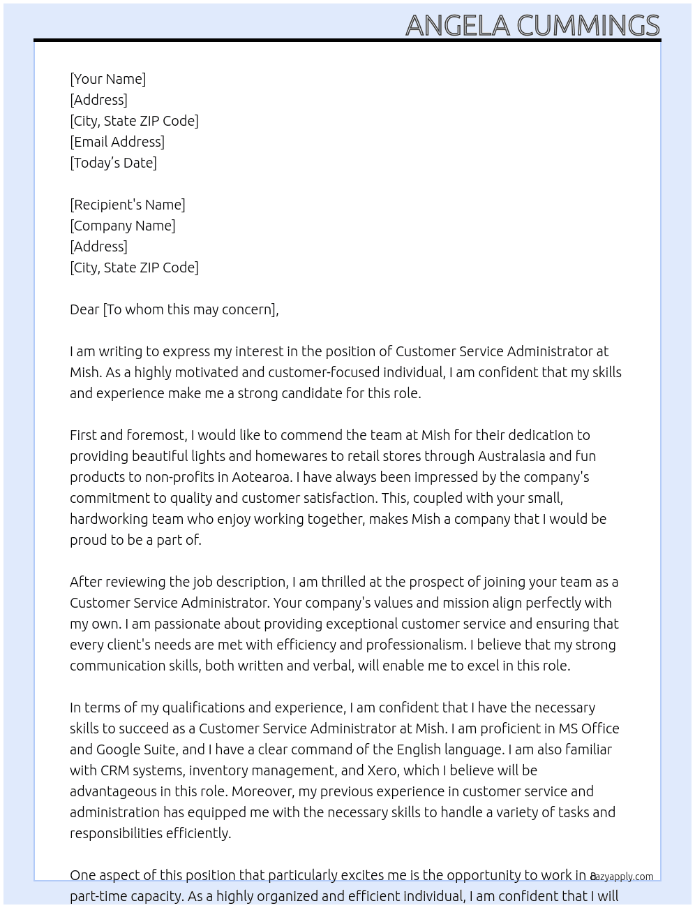 Customer  Service Administrator At Mish Cover Letter