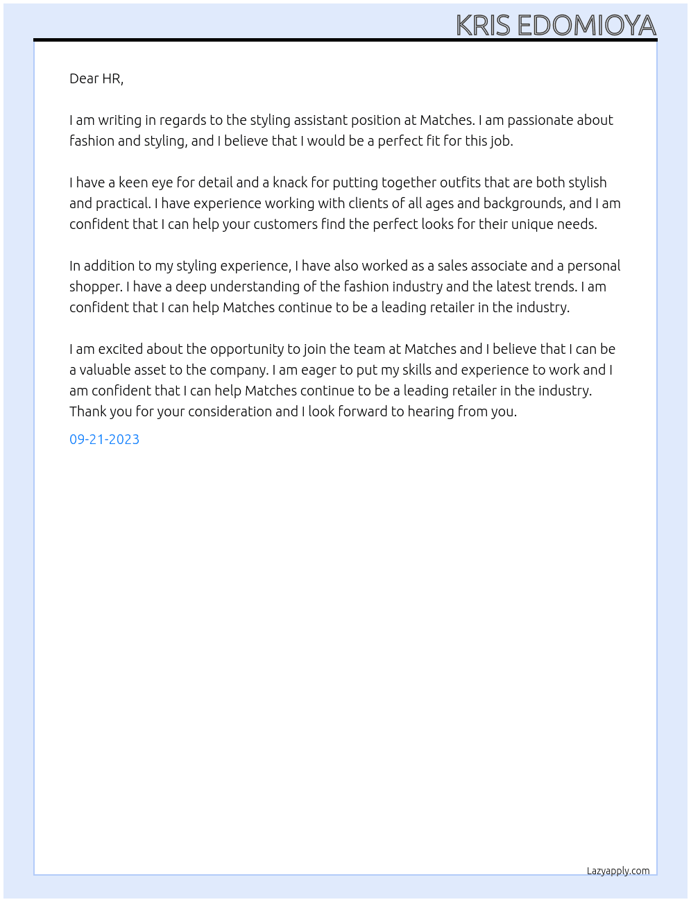 Styling assistant  At Matches  Cover Letter
