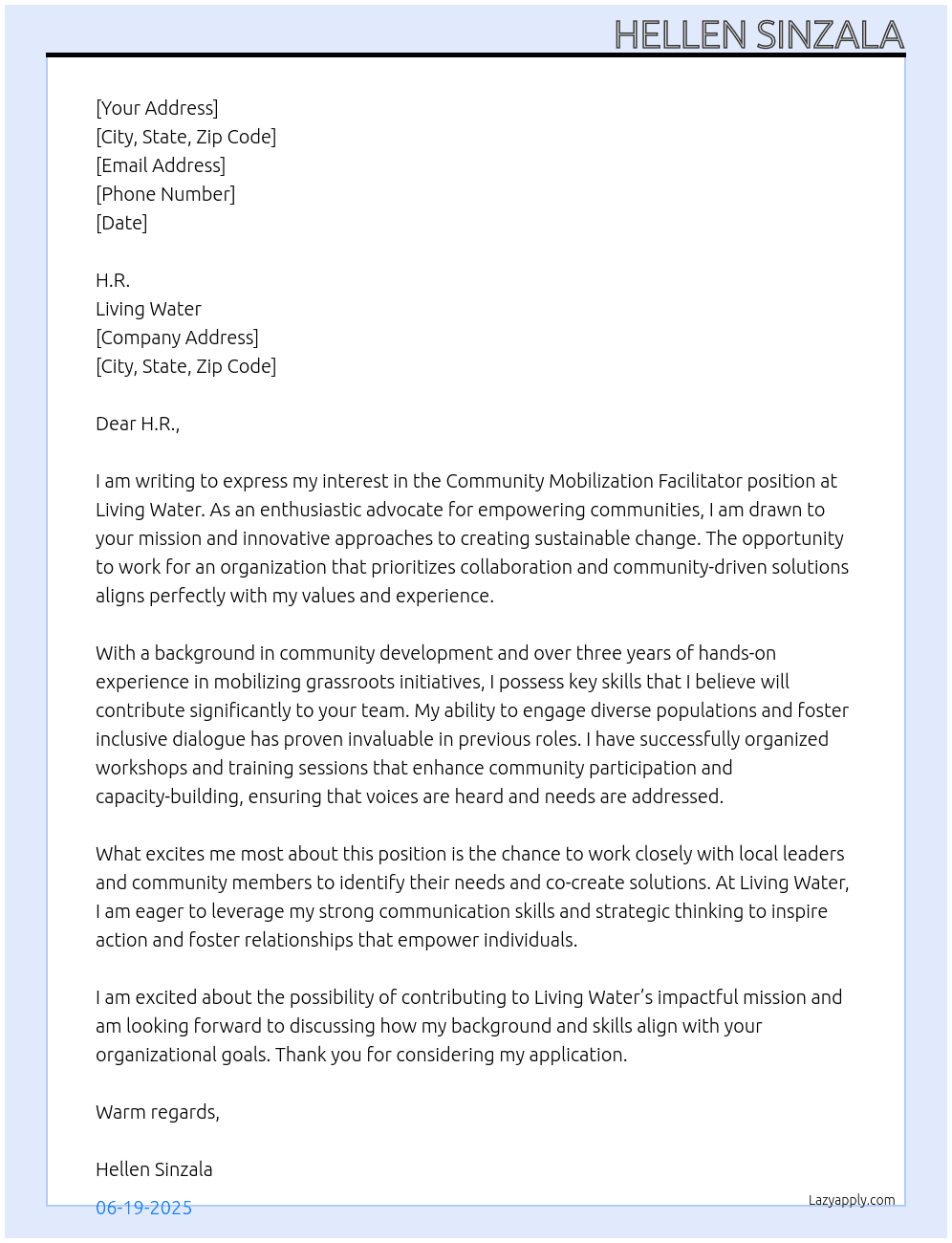 Community mobilization fasilitator At Living water Cover Letter