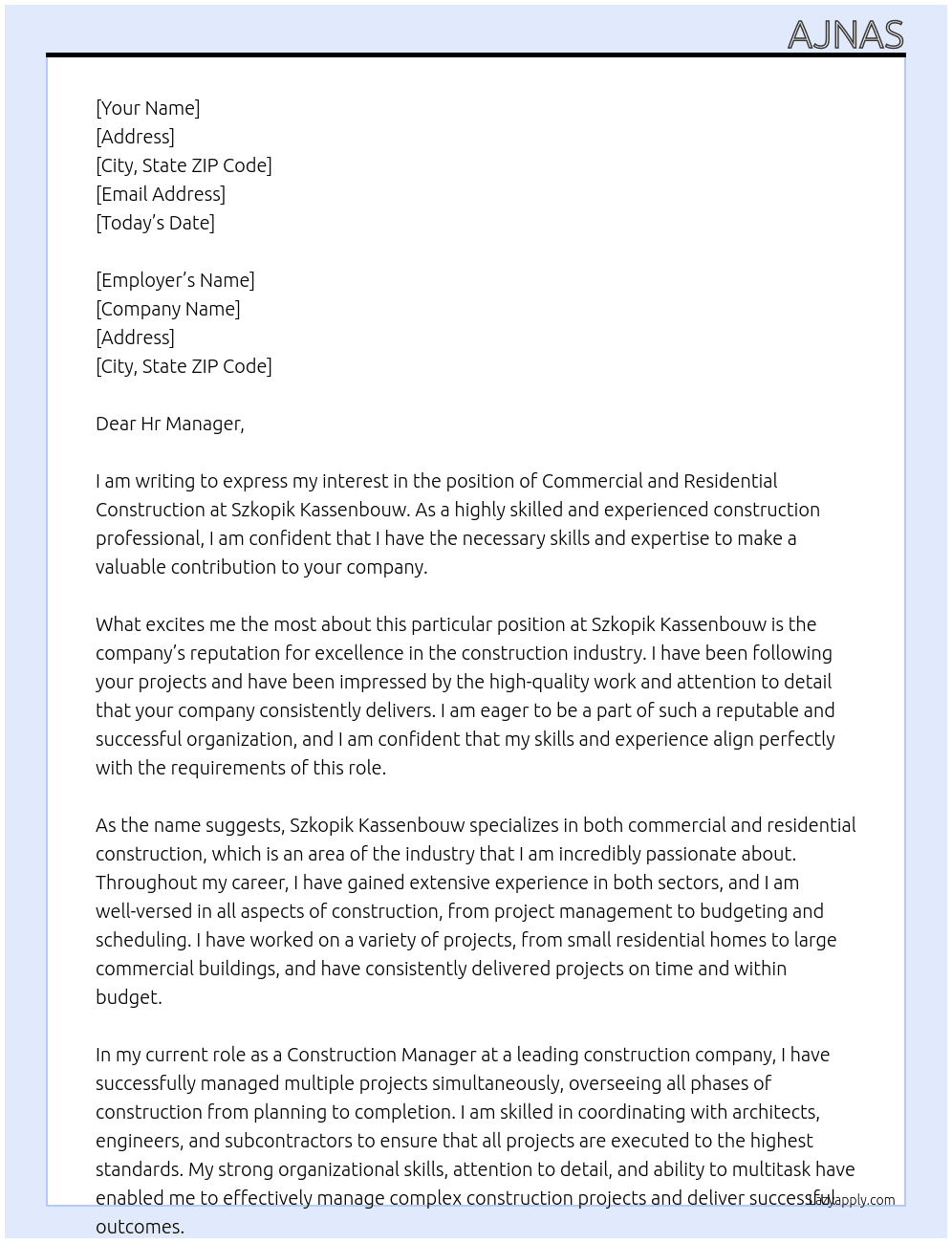 commercial and residential construction At Szkopik Kassenbouw Cover Letter