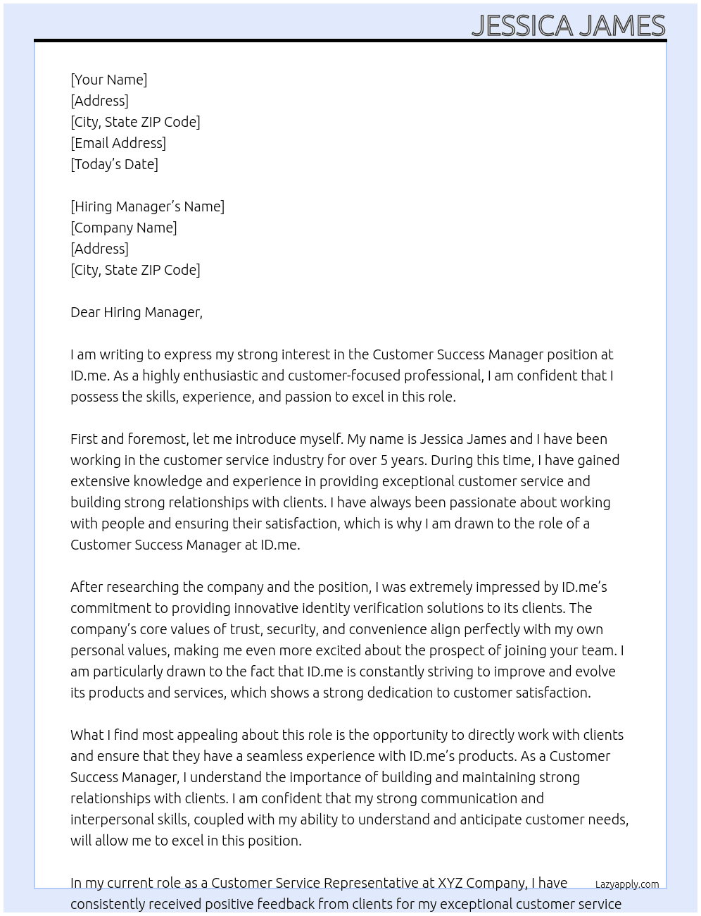 Customer Success Manager At ID.me Cover Letter