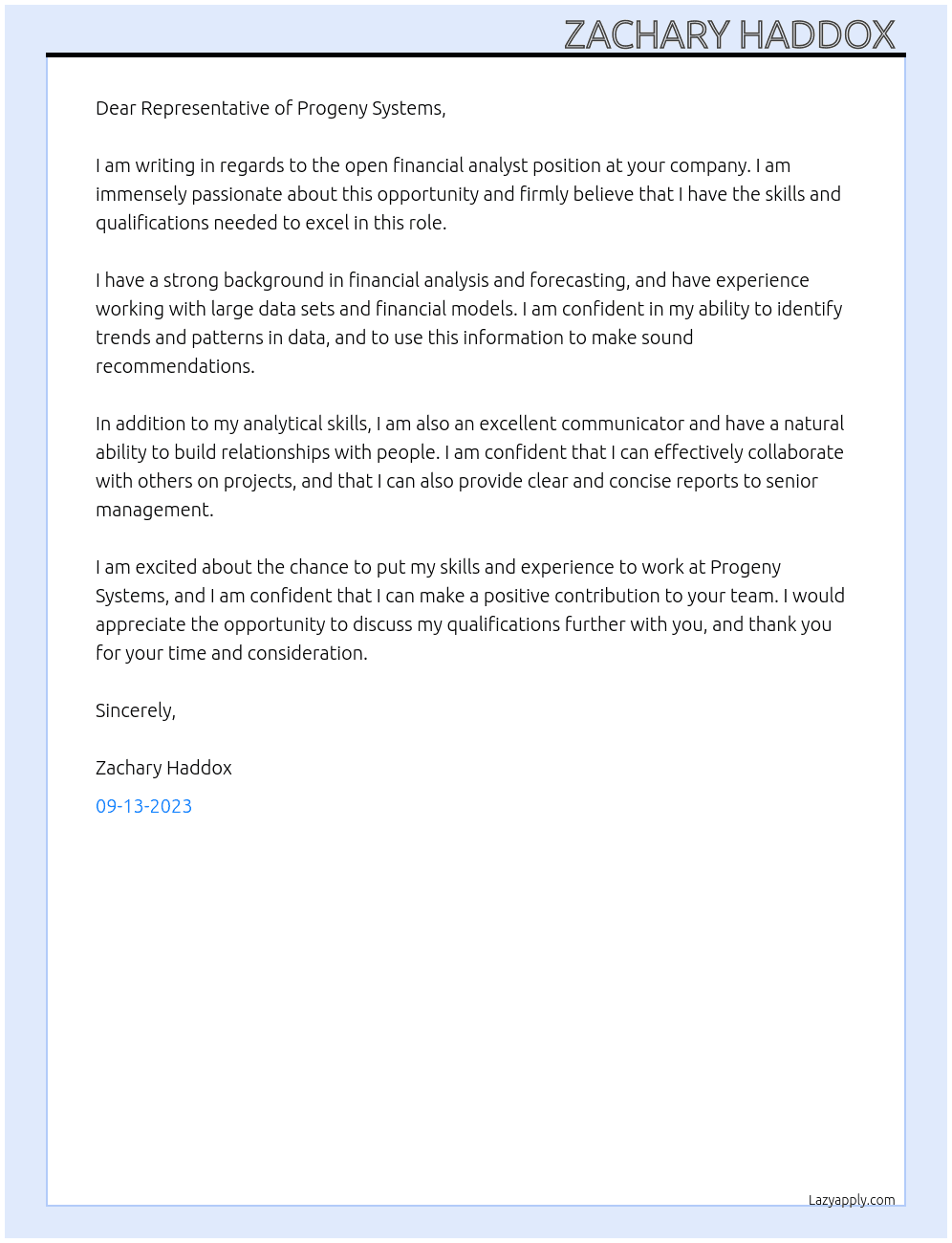 Financial Analyst  At Progeny Systems Cover Letter