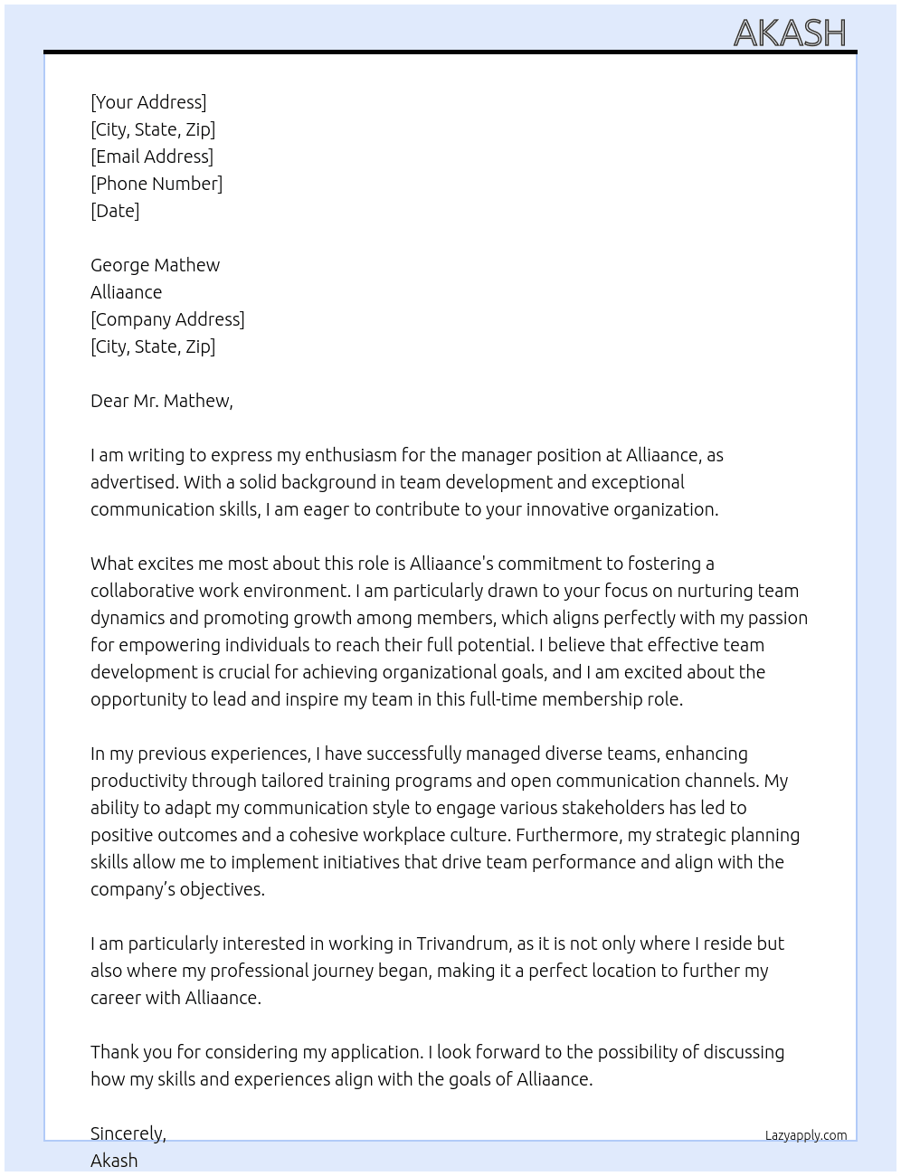  manager opening At Alliaance Cover Letter