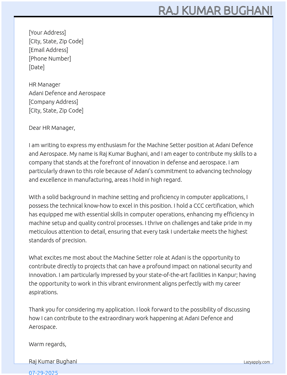 Cover letter for machine setter - LazyApply